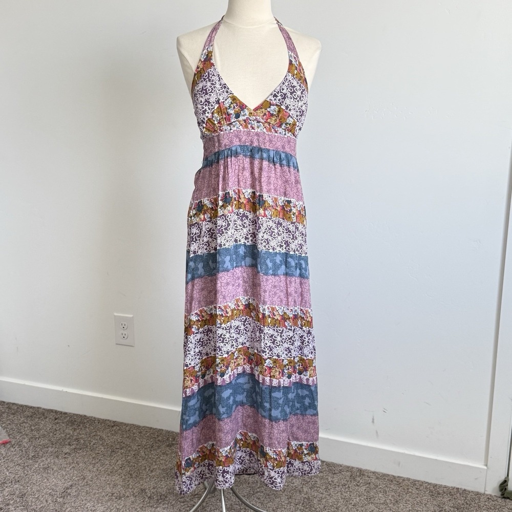 VTG‎ Halter Maxi Dress Y2K Patchwork Hippie Backyard BBQ Boho Woman S Beach